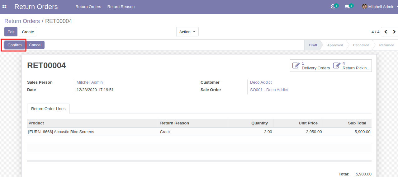 Odoo Return Order Management from Backend and Frontend